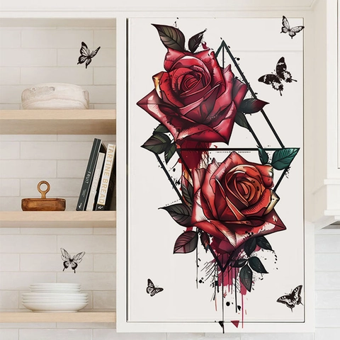 Rote Rose Wandaufkleber Mit Schwarzen Schmetterlingen Geometrisches Dreieck PVC Selbstklebend Dekoration Für Wohnzimmer Schlafzimmer