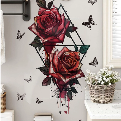 Rote Rose Wandaufkleber Mit Schwarzen Schmetterlingen Geometrisches Dreieck PVC Selbstklebend Dekoration Für Wohnzimmer Schlafzimmer