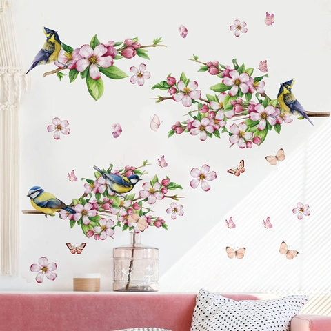 Watercolor Peach Blossom Branch And Bird Wall Sticker Pink Floral Butterfly PVC Self-Adhesive Decal For Bedroom Living Room Decor
