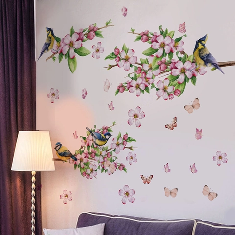 Watercolor Peach Blossom Branch And Bird Wall Sticker Pink Floral Butterfly PVC Self-Adhesive Decal For Bedroom Living Room Decor