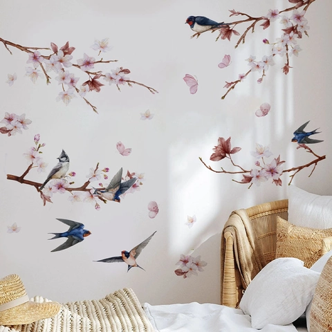 Watercolor Swallow Peach Blossom Wall Sticker PVC Floral Birds Butterfly Wall Decals For Living Room Bedroom Home Decor