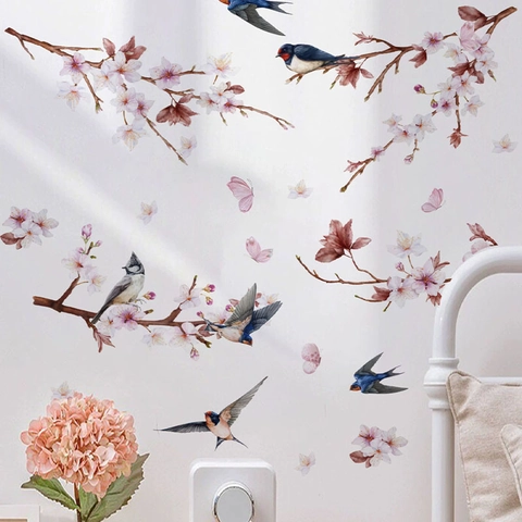 Watercolor Swallow Peach Blossom Wall Sticker PVC Floral Birds Butterfly Wall Decals For Living Room Bedroom Home Decor