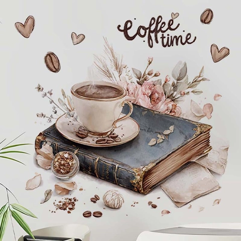 Vintage Watercolor Coffee Cup And Book PVC Wall Sticker Removable Self Adhesive Kitchen Cafe Restaurant Wall Art Decor
