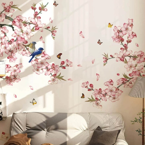 Cherry Blossom Tree Branch Bird Wall Sticker Pink Sakura PVC Self Adhesive Wall Decal For Bedroom Living Room Home Art Mural