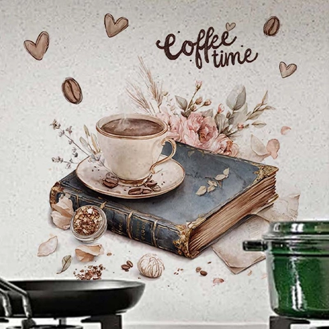 Vintage Watercolor Coffee Cup And Book PVC Wall Sticker Removable Self Adhesive Kitchen Cafe Restaurant Wall Art Decor