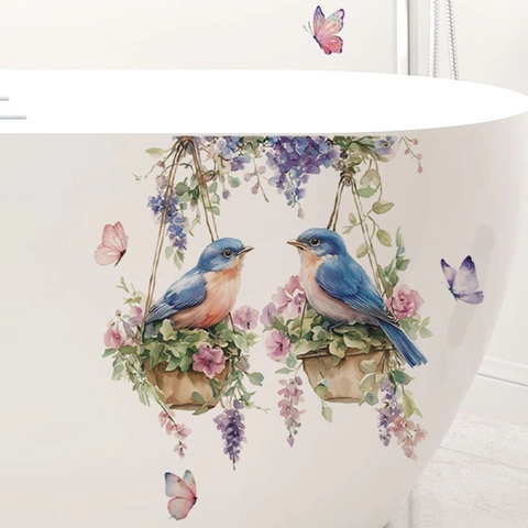 Pastoraler Aquarell Vogel und Blumenkorb Wandsticker Abnehmbar PVC Schmetterling Aufkleber für Wohnzimmer Schlafzimmer Deko