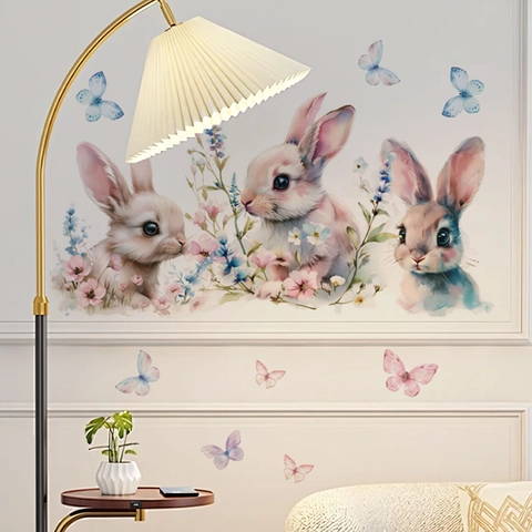 Pegatinas de Pared de Conejo de Pascua Acuarela Calcomanías de PVC Removibles Animales Mariposa Flores para Habitación Infantil