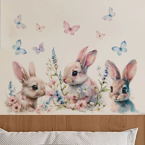 Pegatinas de Pared de Conejo de Pascua Acuarela Calcomanías de PVC Removibles Animales Mariposa Flores para Habitación Infantil