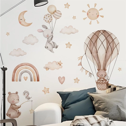 Watercolor Hot Air Balloon Bear Rabbit Animals Wall Sticker PVC Self Adhesive Decal For Kids Room Nursery Home Decor