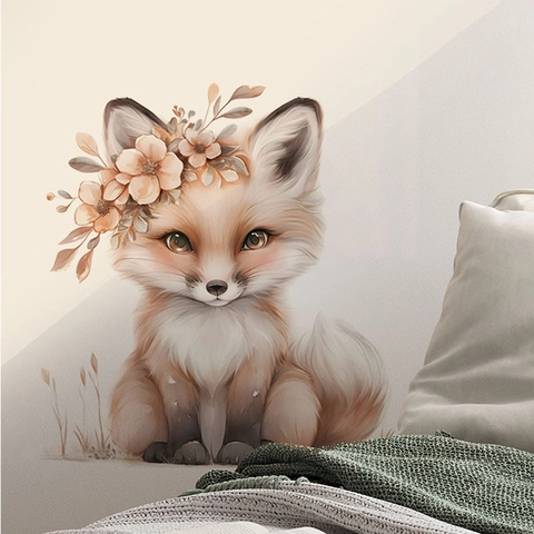 Sticker Mural Renard Dessin Animé Avec Couronne de Fleurs Animal Aquarelle PVC Autocollant Amovible Pour Chambre d'Enfant Salon Décoration