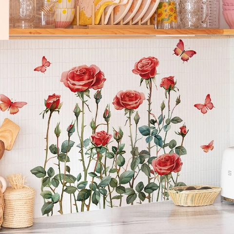 Red Rose Butterfly Wall Sticker Removable PVC Floral Decal For Bedroom Living Room Kitchen Background Home Wall Decor