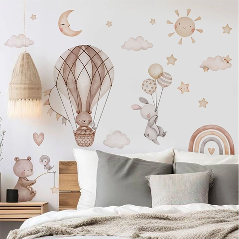 Watercolor Hot Air Balloon Bear Rabbit Animals Wall Sticker PVC Self Adhesive Decal For Kids Room Nursery Home Decor