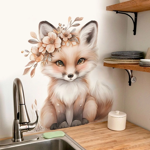 Sticker Mural Renard Dessin Animé Avec Couronne de Fleurs Animal Aquarelle PVC Autocollant Amovible Pour Chambre d'Enfant Salon Décoration