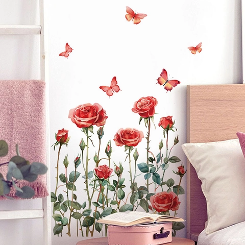 Red Rose Butterfly Wall Sticker Removable PVC Floral Decal For Bedroom Living Room Kitchen Background Home Wall Decor