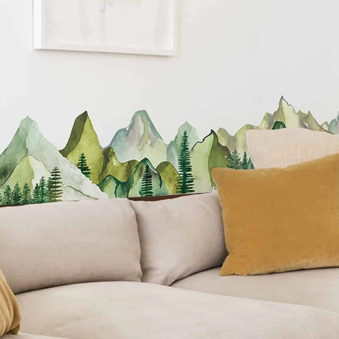 Pegatina de Pared de Bosque de Montaña de Acuarela PVC Impermeable Paisaje Natural Calcomanía Para Dormitorio Sala de Estar Decoración de Pared