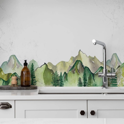 Pegatina de Pared de Bosque de Montaña de Acuarela PVC Impermeable Paisaje Natural Calcomanía Para Dormitorio Sala de Estar Decoración de Pared