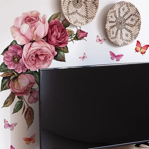 Vintage Pink Rose And Butterfly Wall Stickers PVC Removable Floral Wall Decal For Bedroom Living Room Home Decor Background