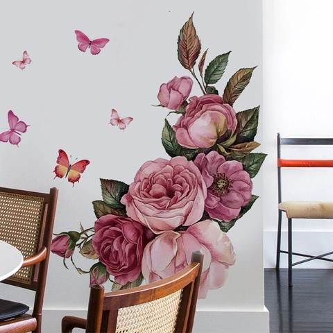 Vintage Pink Rose And Butterfly Wall Stickers PVC Removable Floral Wall Decal For Bedroom Living Room Home Decor Background