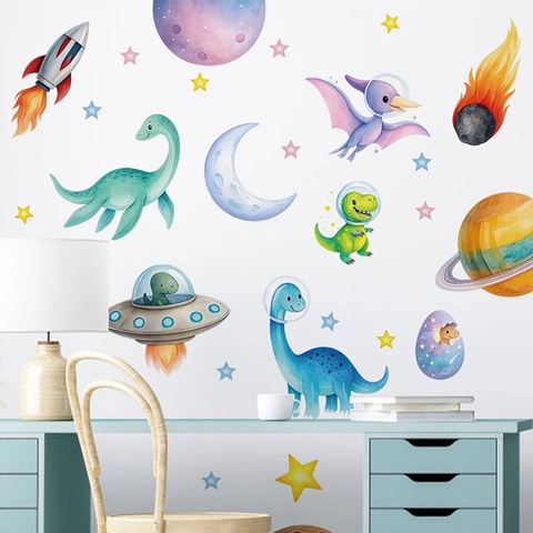 Cartoon Space Dinosaur Astronaut Wall Stickers For Kids Room Bedroom Decor PVC Waterproof Removable Self Adhesive Nursery Wall Decal