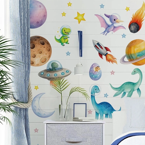 Cartoon Space Dinosaur Astronaut Wall Stickers For Kids Room Bedroom Decor PVC Waterproof Removable Self Adhesive Nursery Wall Decal