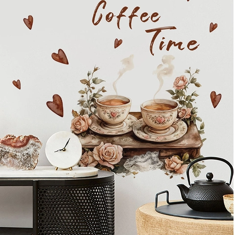 Adesivo da Parete Acquerello Coffee Time Rose Cuori per Cucina Caffè Soggiorno Decorazione San Valentino PVC Autoadesivo