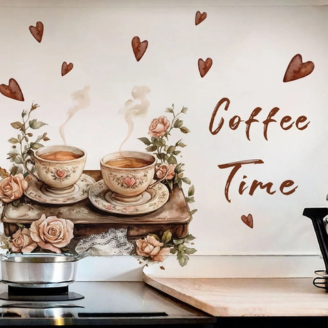 Adesivo da Parete Acquerello Coffee Time Rose Cuori per Cucina Caffè Soggiorno Decorazione San Valentino PVC Autoadesivo