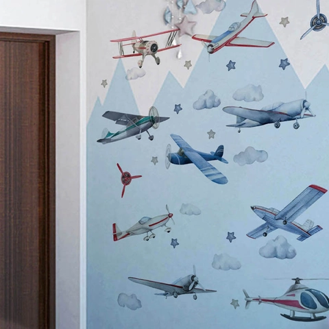 Aquarel Vliegtuig Muurstickers Voor Kinderkamer Decor DIY Verwijderbare PVC Cartoon Vliegtuig Wolken Sterren Stickers