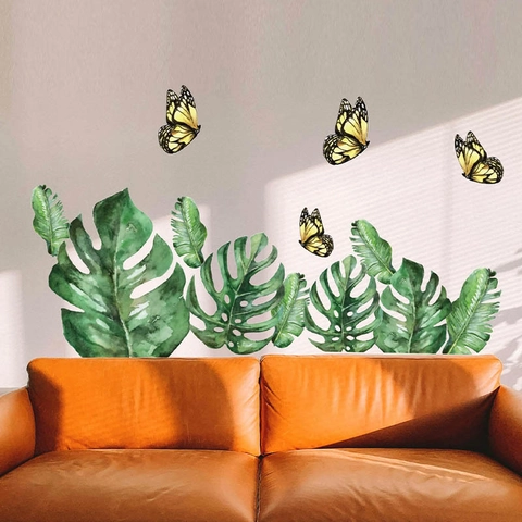 Pegatina de Pared Mariposa Hoja de Planta Tropical Verde PVC Autoadhesivo Acuarela Hojas de Monstera para Decoración de Sala