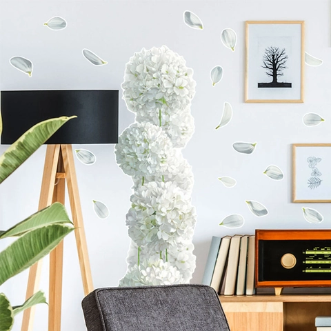 Weiße Hortensie Blumen Wandaufkleber Wasserdicht PVC Selbstklebend Blume Abziehbilder Für Schlafzimmer Wohnzimmer Haus Hintergrund Wanddekoration