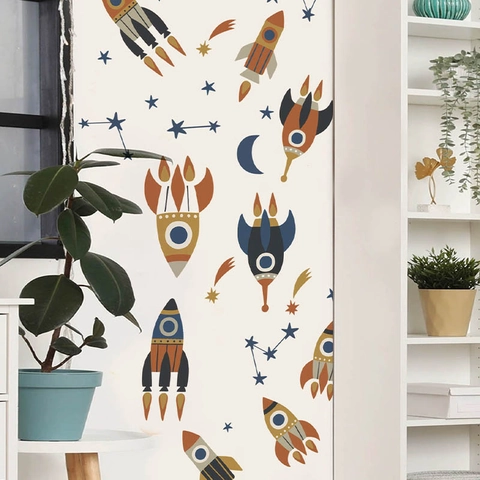 Autocollants Muraux Fusée Espace Cartoon PVC Auto-adhésif Vintage Étoile Lune Décalcomanies Pour Chambre d'Enfant Crèche Maison