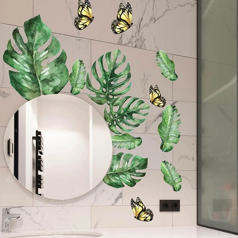 Pegatina de Pared Mariposa Hoja de Planta Tropical Verde PVC Autoadhesivo Acuarela Hojas de Monstera para Decoración de Sala
