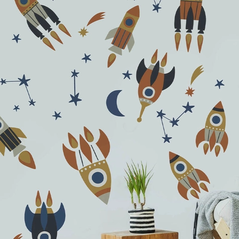 Autocollants Muraux Fusée Espace Cartoon PVC Auto-adhésif Vintage Étoile Lune Décalcomanies Pour Chambre d'Enfant Crèche Maison