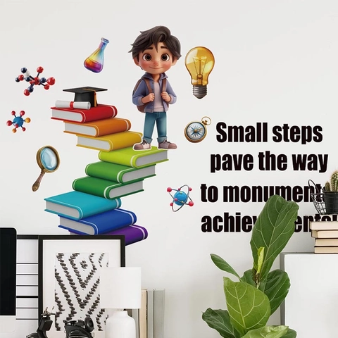 Pädagogischer Lesender Junge Wandtattoo Cartoon Wissenschaftssymbole Motivationszitat PVC Selbstklebend Kinderzimmer Deko