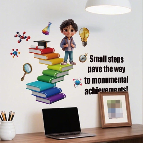 Pädagogischer Lesender Junge Wandtattoo Cartoon Wissenschaftssymbole Motivationszitat PVC Selbstklebend Kinderzimmer Deko