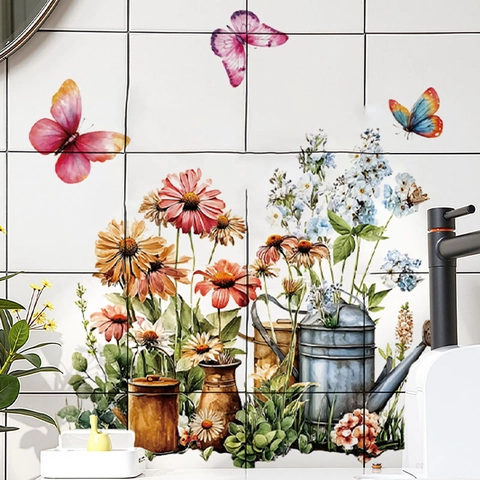 Adesivi Murali Removibili con Farfalle e Fiori in PVC Autoadesivi Stile Pastorale Decorazione per Camera da Letto e Soggiorno