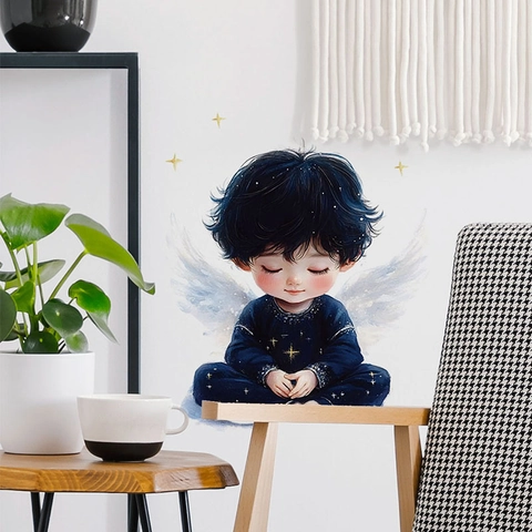 Cartoon Meditating Angel Boy Wall Sticker Removable PVC Decal For Kids Room Bedroom Home Decor Wings Stars Pattern Wall Poster