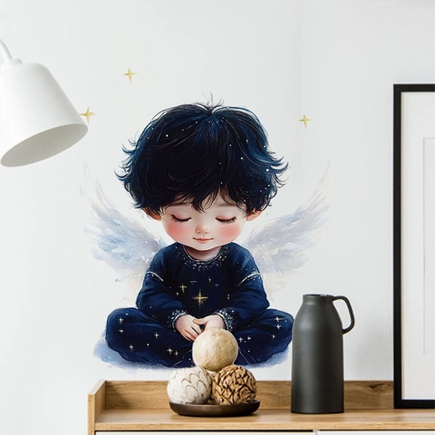 Cartoon Meditating Angel Boy Wall Sticker Removable PVC Decal For Kids Room Bedroom Home Decor Wings Stars Pattern Wall Poster