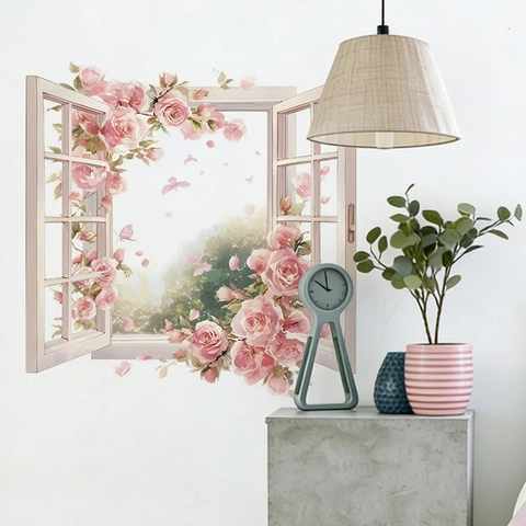 3D Finestra Finta Adesivo da Parete Romantico Rosa Rosa Floreale PVC Impermeabile Removibile Autoadesivo Decalcomania per Soggiorno Camera da Letto Decor