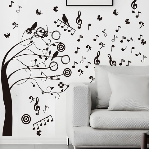Adesivo Murale Albero Note Musicali PVC Removibile Fai Da Te Silhouette Artistica Con Uccelli Farfalle Per Soggiorno Camera