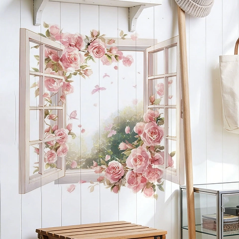 3D Finestra Finta Adesivo da Parete Romantico Rosa Rosa Floreale PVC Impermeabile Removibile Autoadesivo Decalcomania per Soggiorno Camera da Letto Decor