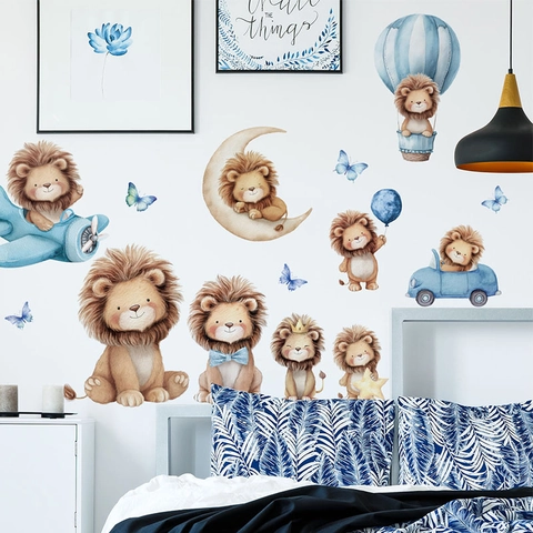 Cartoon Löwe Wandaufkleber Für Kinderzimmer Babyzimmer Deko PVC Selbstklebend Abnehmbar Tier Schmetterling Mond Muster DIY Home Art Mural