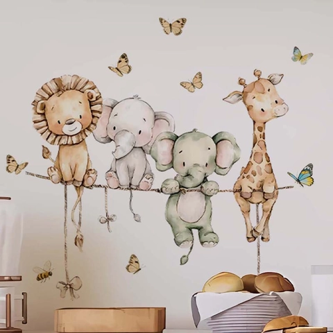 Adesivi Murali Animali Cartone Animato Acquerello PVC Leone Elefante Giraffa Decalcomanie per Cameretta Bambini Decorazione Parete