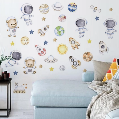 Astronaut Space Theme Wall Stickers Waterproof PVC Removable DIY Planets Rocket Nursery Decor Kids Bedroom Home Art