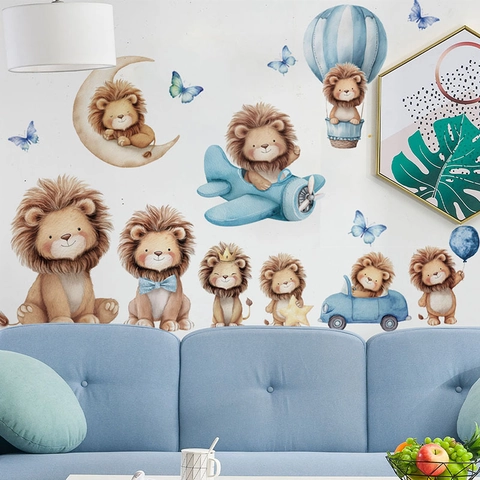 Cartoon Löwe Wandaufkleber Für Kinderzimmer Babyzimmer Deko PVC Selbstklebend Abnehmbar Tier Schmetterling Mond Muster DIY Home Art Mural