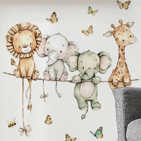 Adesivi Murali Animali Cartone Animato Acquerello PVC Leone Elefante Giraffa Decalcomanie per Cameretta Bambini Decorazione Parete