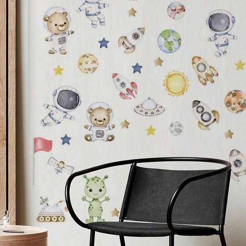 Astronaut Space Theme Wall Stickers Waterproof PVC Removable DIY Planets Rocket Nursery Decor Kids Bedroom Home Art