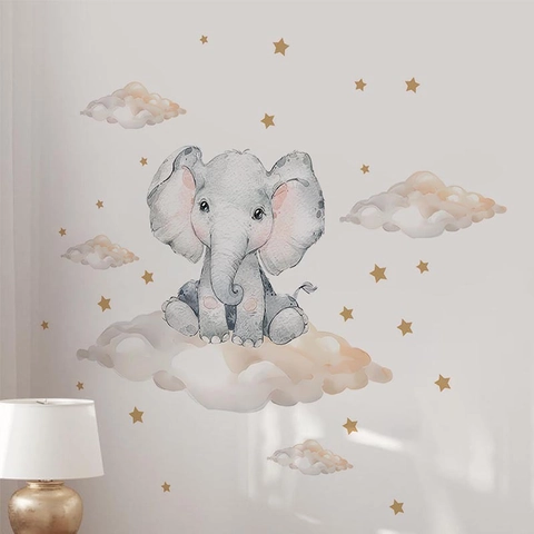 Watercolor Elephant And Pink Clouds Wall Stickers For Kids Room Self-Adhesive PVC Nursery Stars Decor Mural