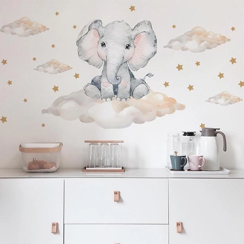 Watercolor Elephant And Pink Clouds Wall Stickers For Kids Room Self-Adhesive PVC Nursery Stars Decor Mural