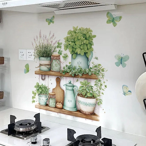 Adesivi Murali Piante in Vaso in Stile Pastorale PVC Impermeabile Rimovibile Decalcomanie da Muro per Cucina Camera da Letto Soggiorno Decorazioni Casa