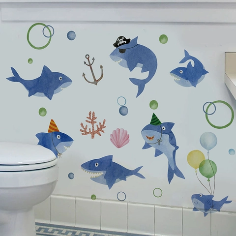 Adesivi Murali Squalo Cartone Animato Acquerello Impermeabile PVC Animali Marini Decalcomanie Per Camera Bambini Bagno Decorazione
